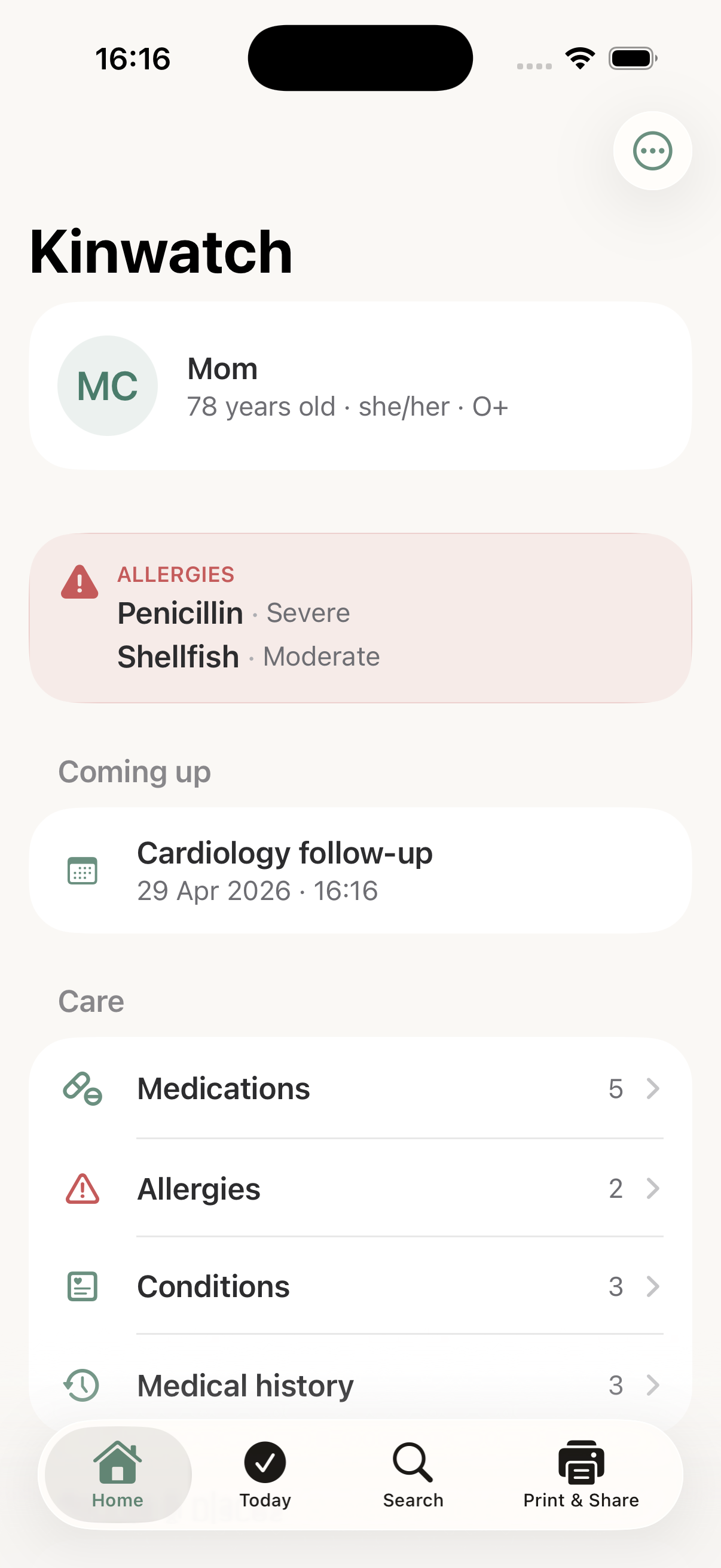 The Kinwatch home screen, showing the care recipient, an allergies banner, an upcoming appointment, and sections for medications, allergies, conditions, and medical history.