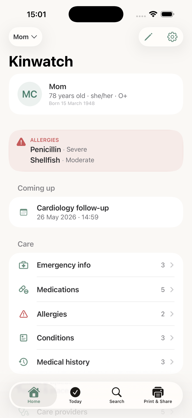 The Kinwatch Home screen for Mom: an allergies banner, the next appointment, and the care sections for emergency info, medications, allergies and conditions.