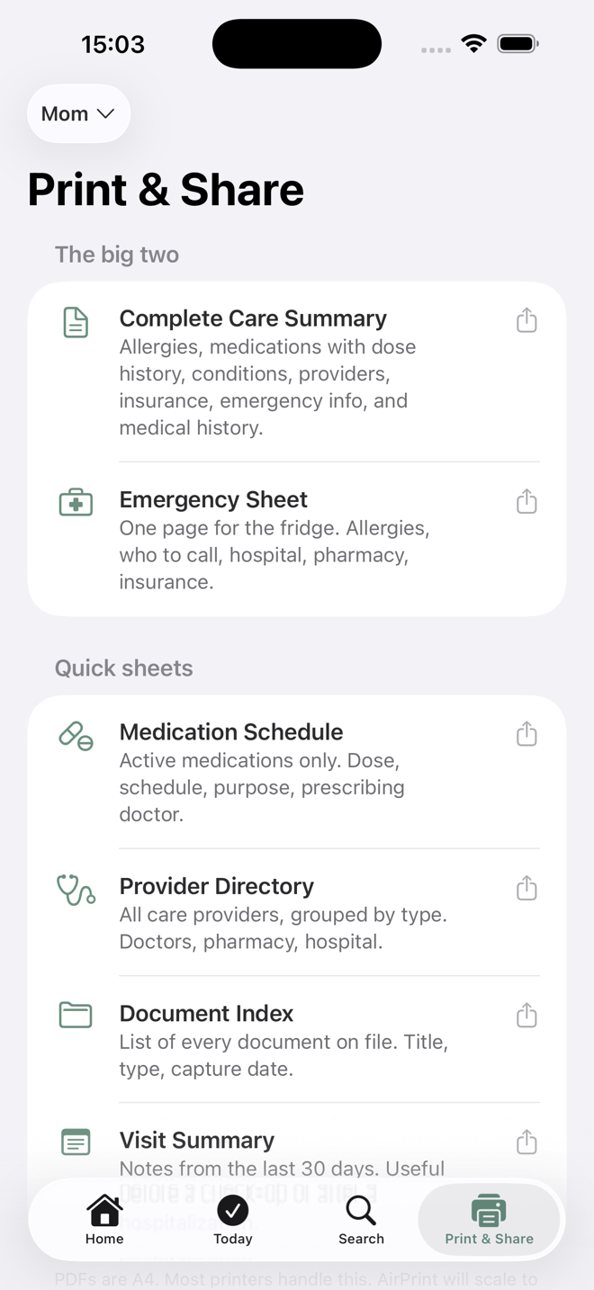 The Print and Share screen: Complete Care Summary and Emergency Sheet at the top, then the medication schedule, provider directory, document index and visit summary.